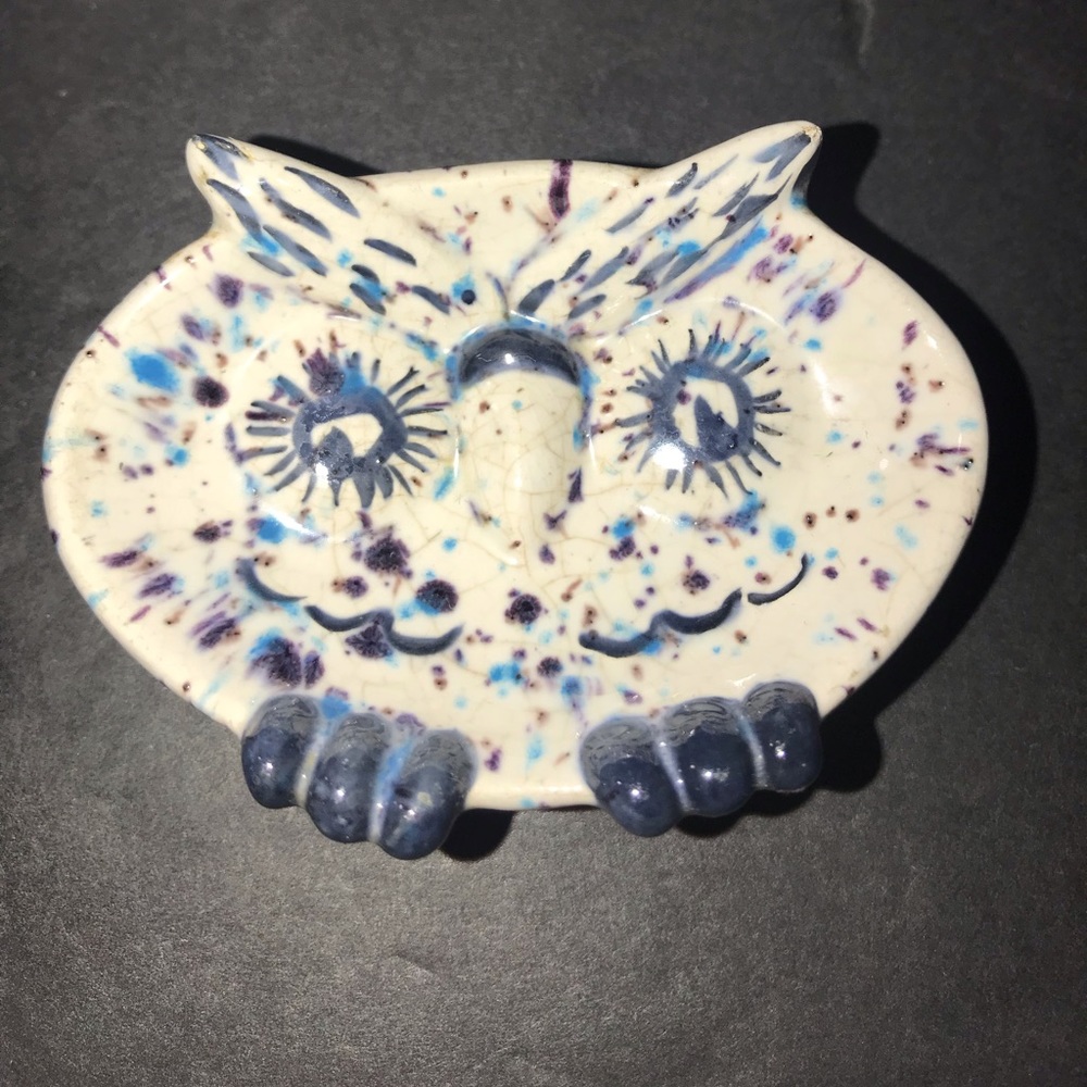 Vintage Ceramic Small Owl Trinket Dish Speckled Signed MS